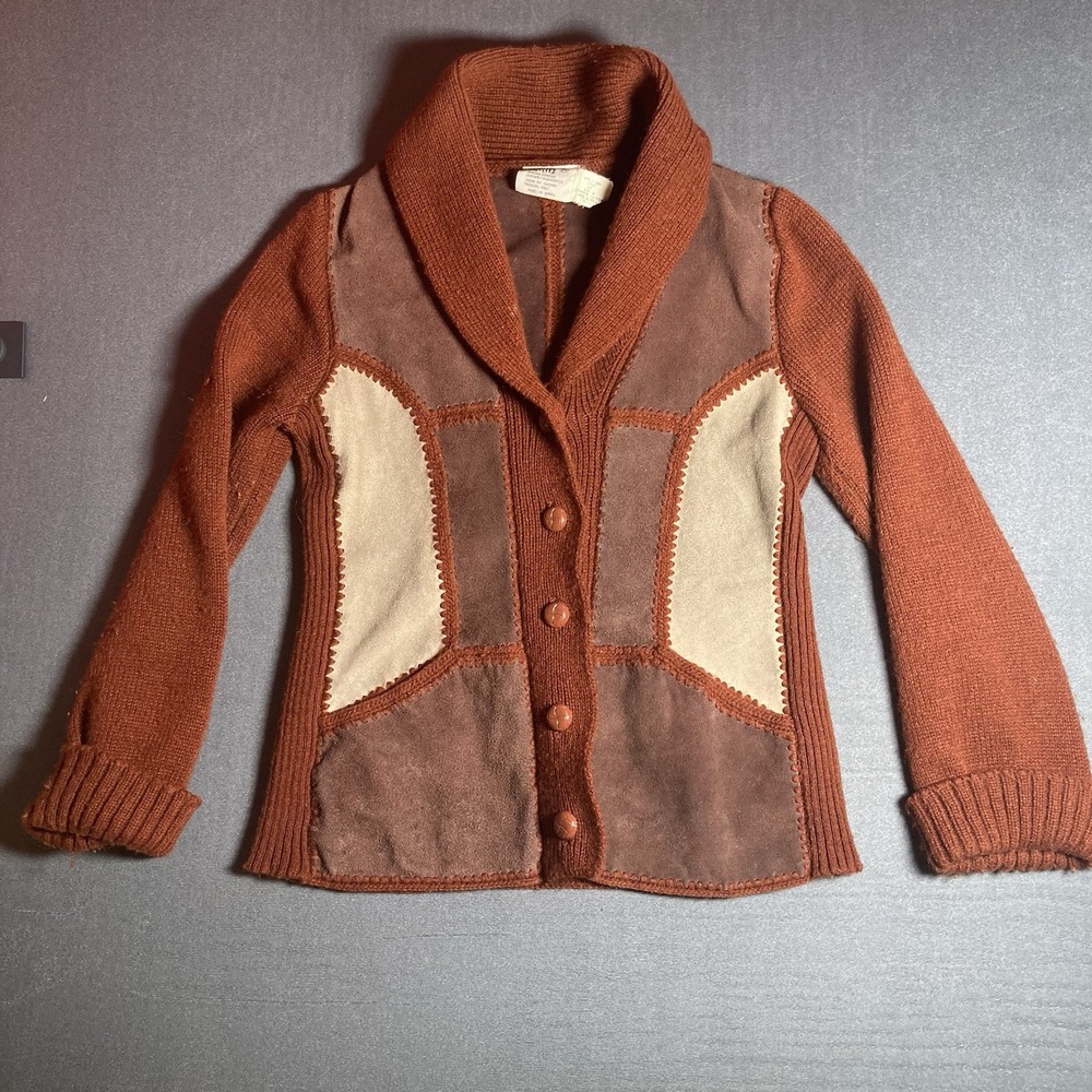 Montgomery Ward Vintage Leather And Acrylic 70's Sweater Medium Women's Rust